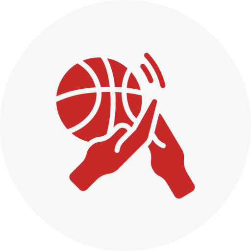 Red hands catching basketball on white background.