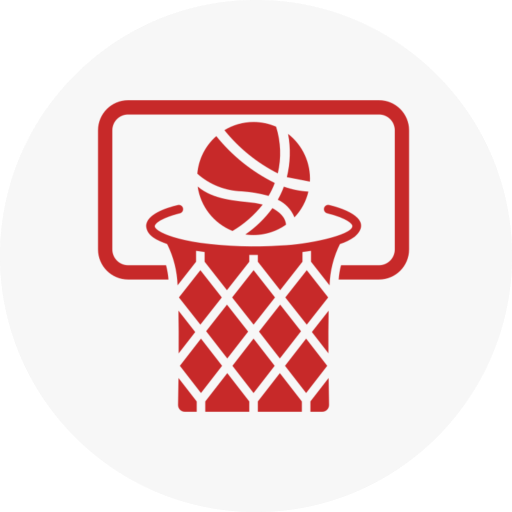 Red basketball icon with hoop and net.
